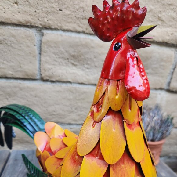 Embossed Feather Metal Rooster Statue 16" H - Picture 5 of 5